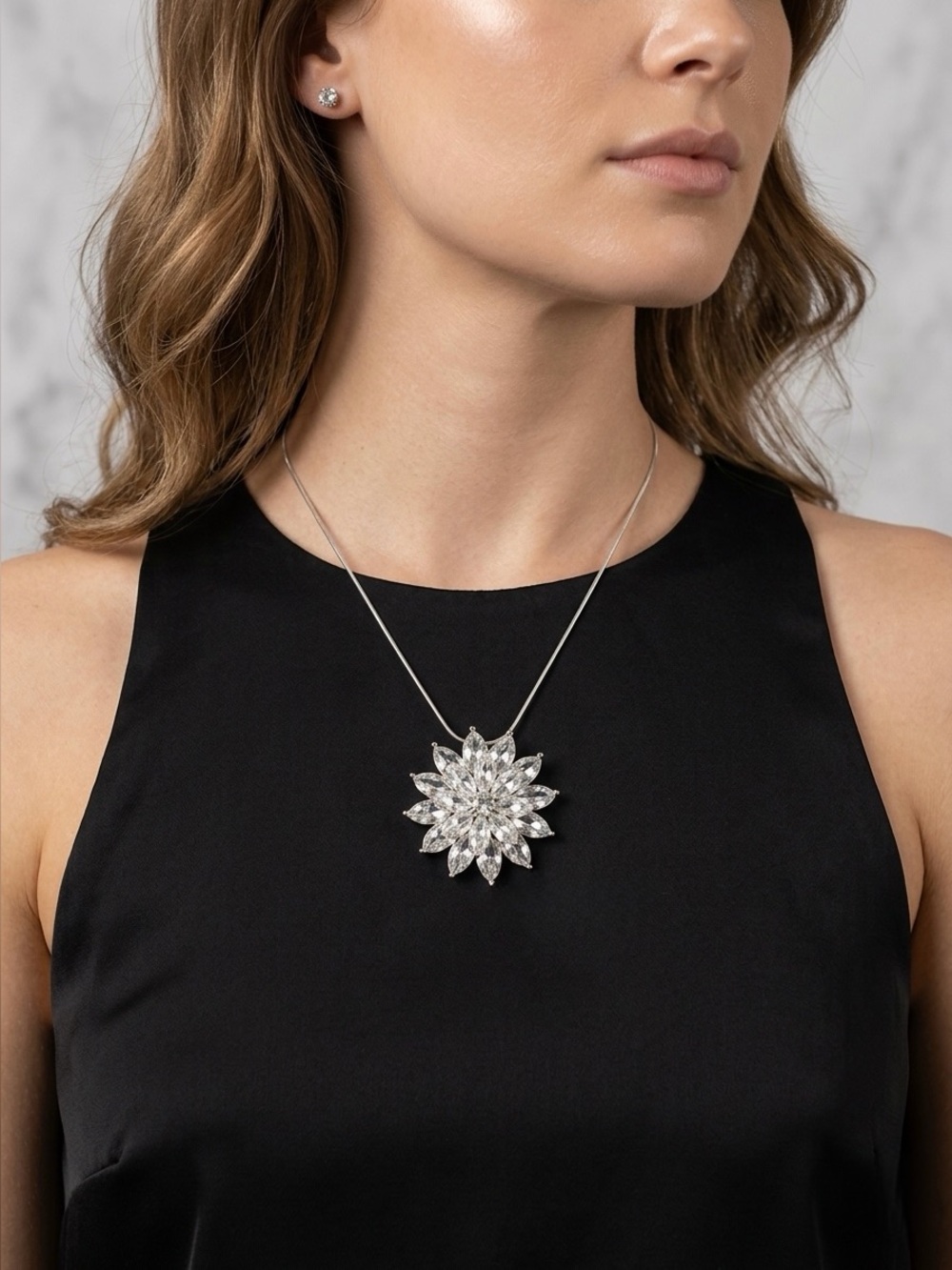 Silver Flower Pendant Necklace - White Crystal